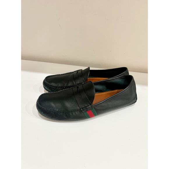 Gucci Black Leather Web Trim Slip On Moccasin Penny Loafers Black Men's Size 11 - Picture 2 of 7